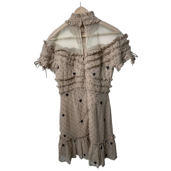 NBD Cherry Pie Mini Dress Sz M Nude Black Polka Dot Sequin Heart Ruffle Revolve - Picture 6 of 13